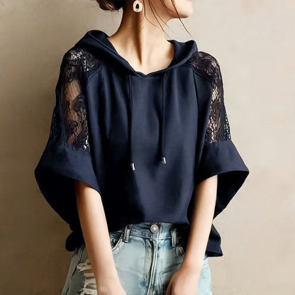 Color Block Lace Patchwork Hoodie with Flared Sleeves