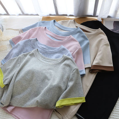 Color Block Crew Neck Versatile Short Sleeve T Shirt