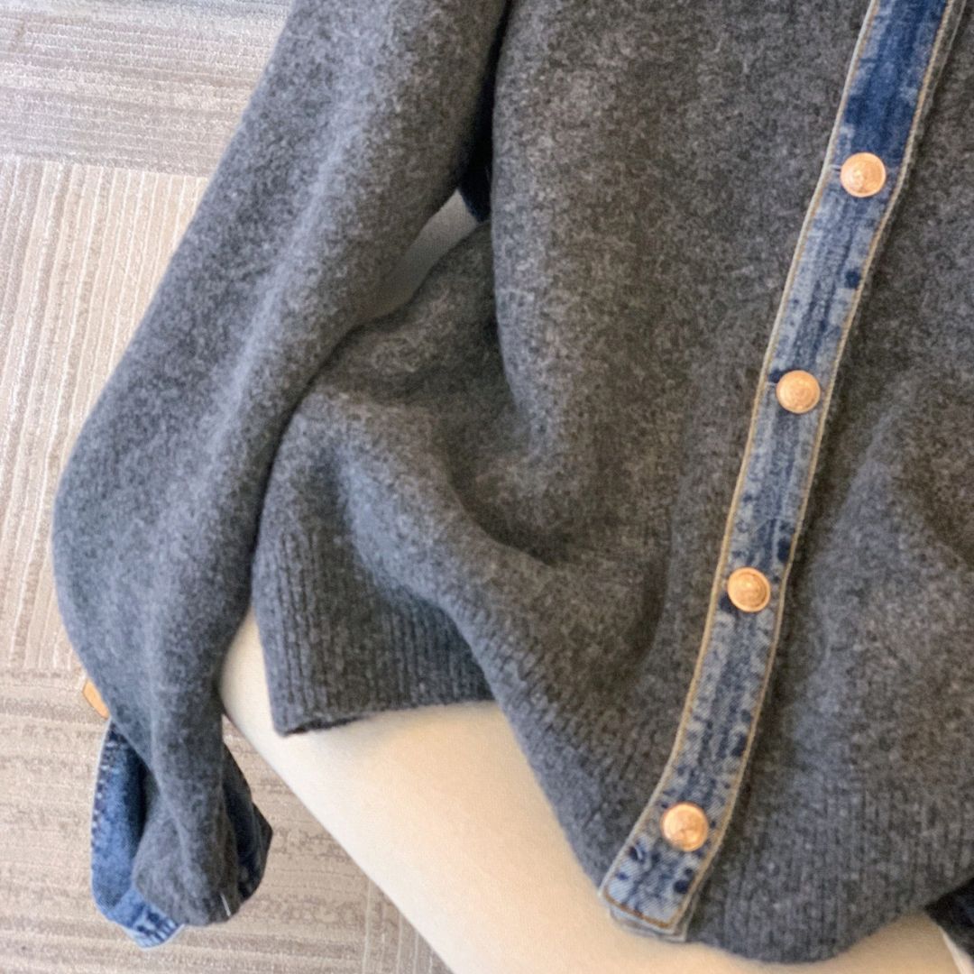 Denim Collar Patch Knit Sweater