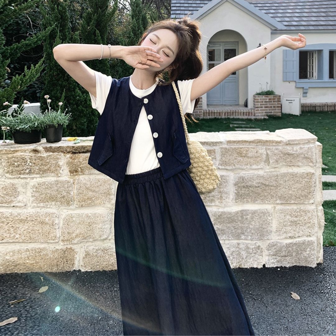 Minimalist Vest & Long Skirt Three Piece Set