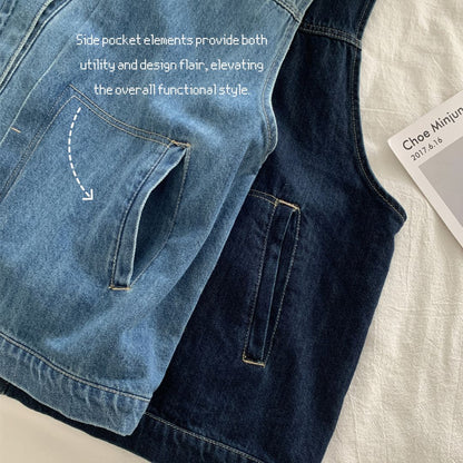Women's Denim Sleeveless Top with Petite Mandarin Collar