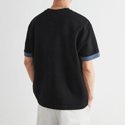 Plaid Rolled Cuff Patchwork T Shirt