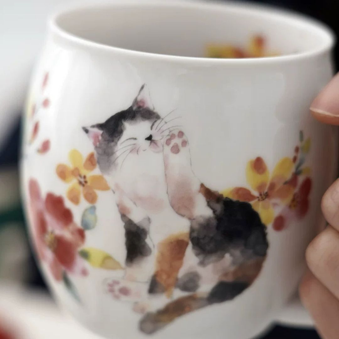 Made in Japan Floral Cat Porcelain Pair Cups (Pair)