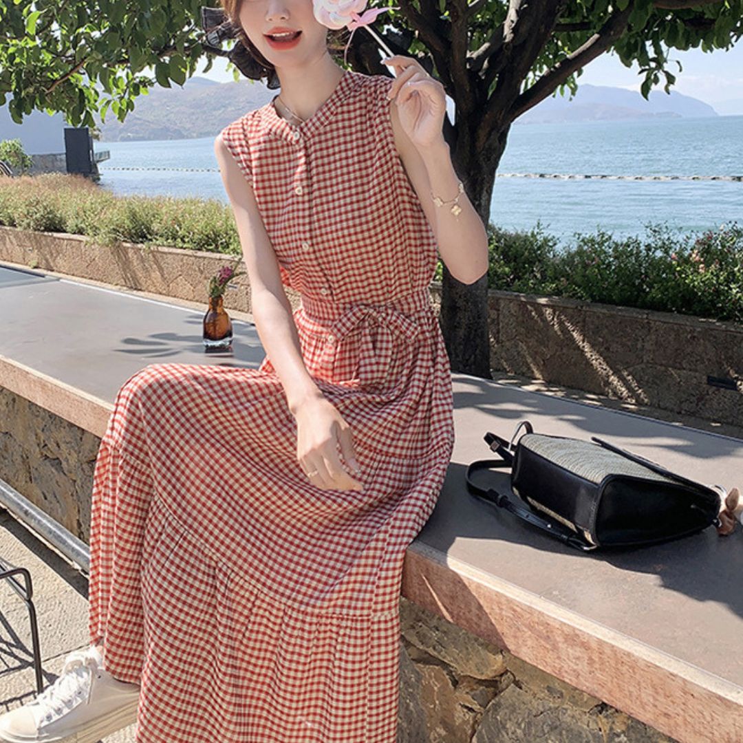 Vintage Red Plaid Sleeveless Fitted Dress
