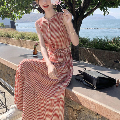 Vintage Red Plaid Sleeveless Fitted Dress