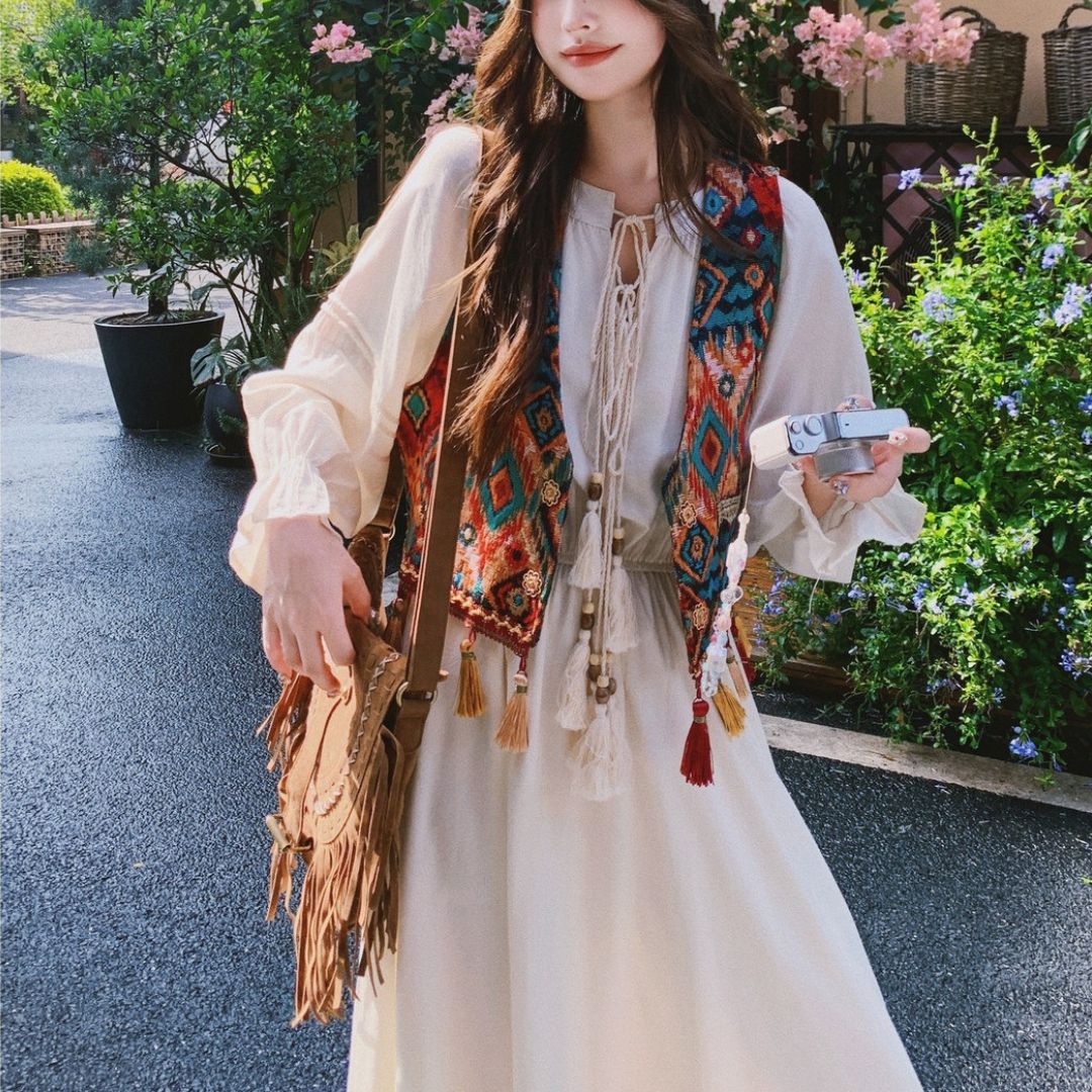 Ethnic Style Tassel Vest & Dress Two Piece Set