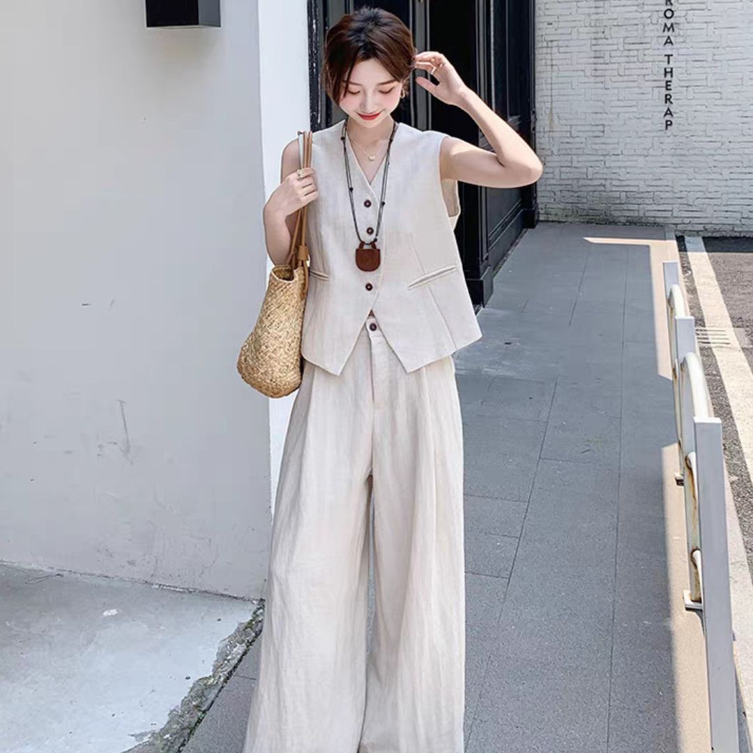 Suit Vest + Wide Leg Pants Two Piece Set