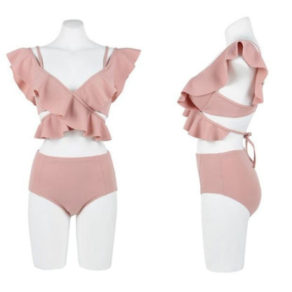 Ruffled High Waist Tummy Covering Two Piece Swimsuit