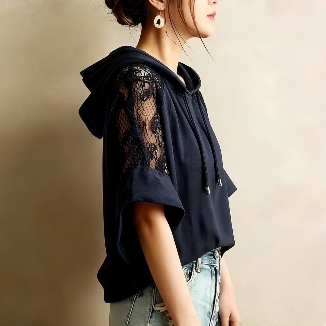 Color Block Lace Patchwork Hoodie with Flared Sleeves