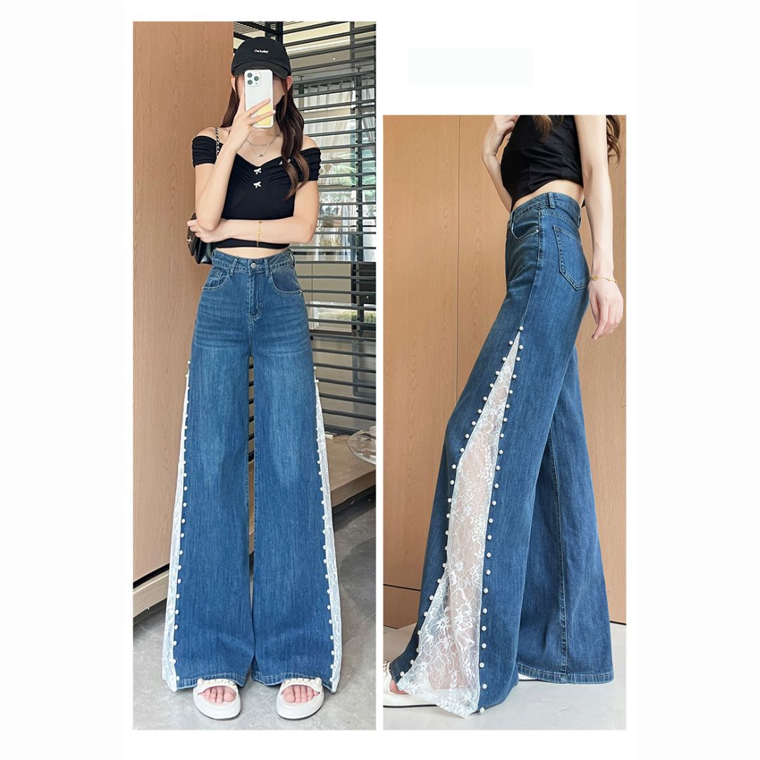 Tencel Beaded Lace Wide Leg Denim Pants