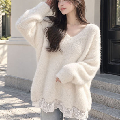 V Neck Lace Trim Hem Knit Top