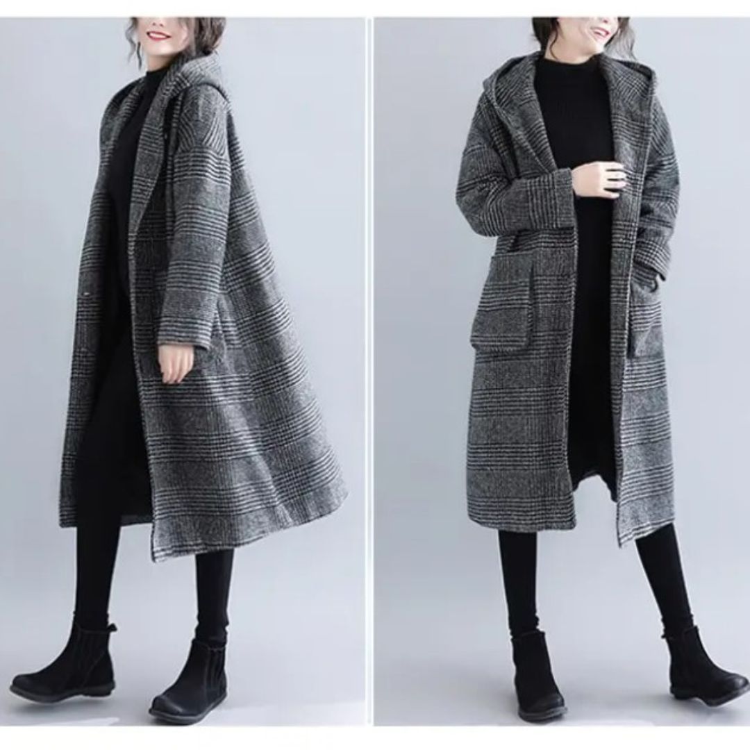 Japanese-Style Houndstooth Mid-Length Coat