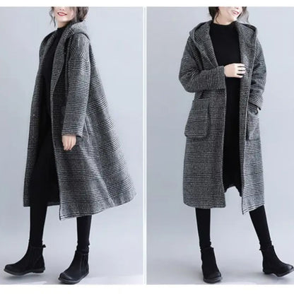 Japanese-Style Houndstooth Mid-Length Coat