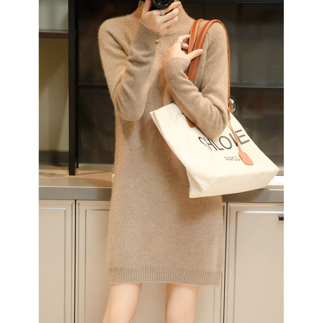 Loose-Fit Half-Turtleneck Knit Dress