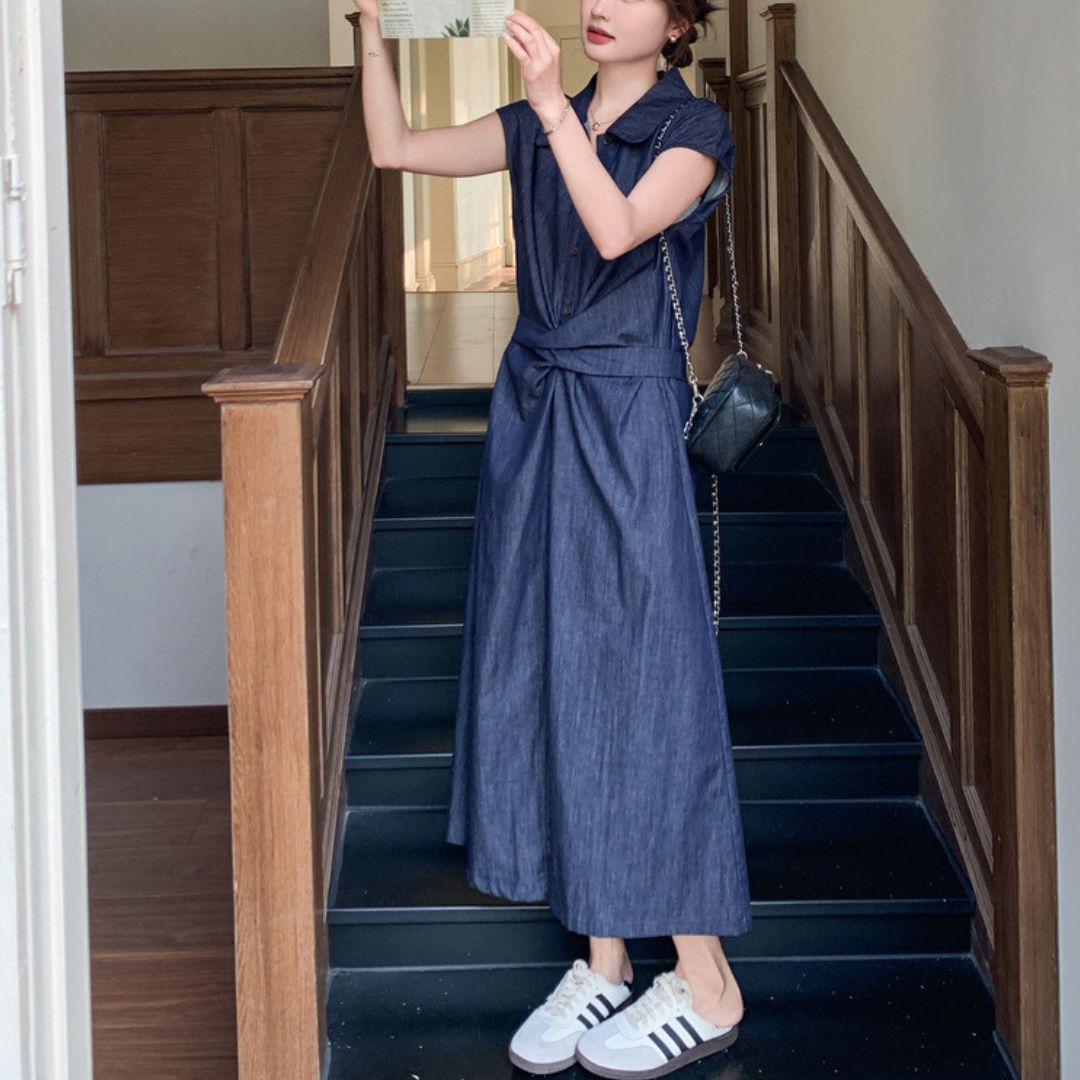 Minimalist Tie Waist Denim Dress