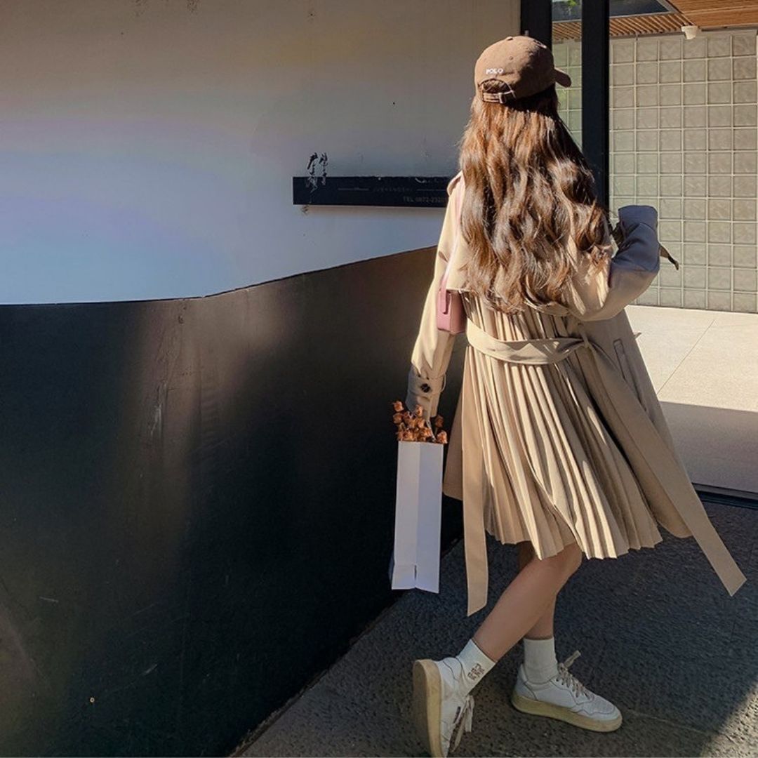 Classic Double Breasted Pleated Flowing Coat