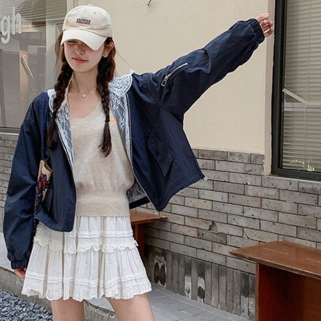 Blue Patchwork Lace Casual Fashion Jacket