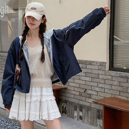 Blue Patchwork Lace Casual Fashion Jacket