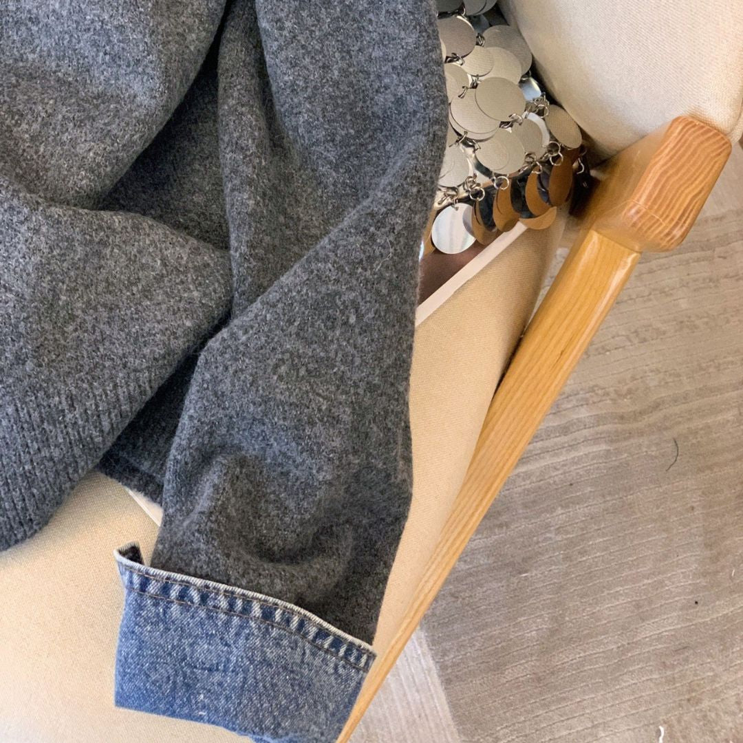 Denim Collar Patch Knit Sweater