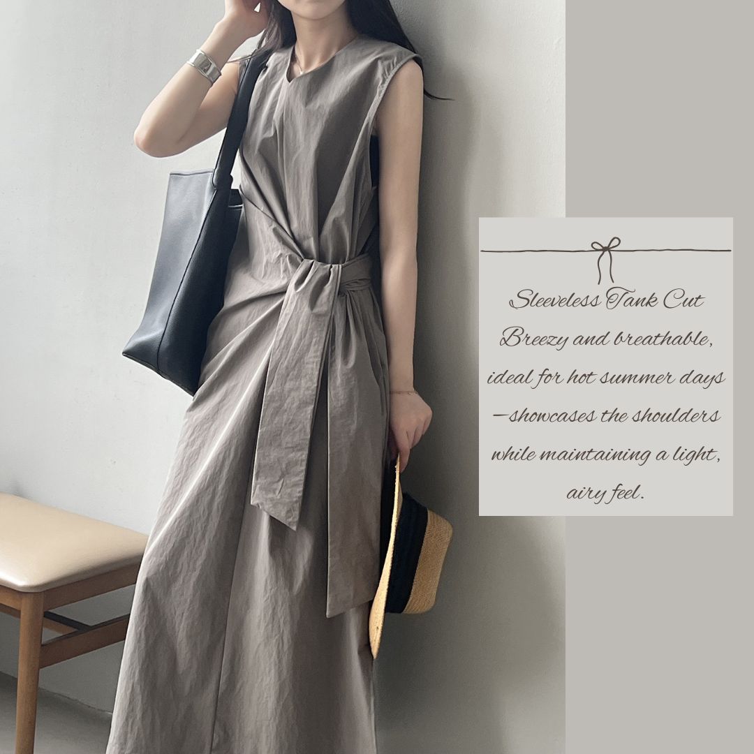 Sleeveless Long Dress with Cinched Tie-Waist Design