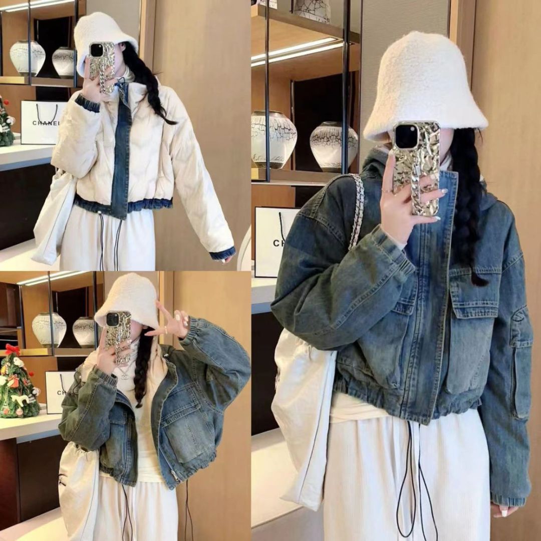 Short Patchwork Denim Hoodie Jacket