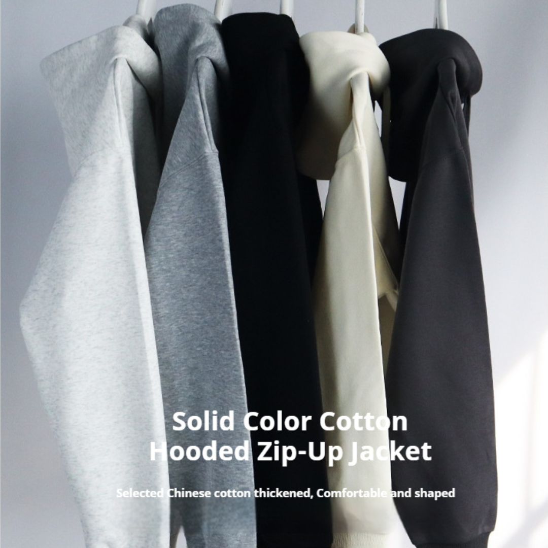 Solid Color Cotton Hooded Zip-Up Jacket