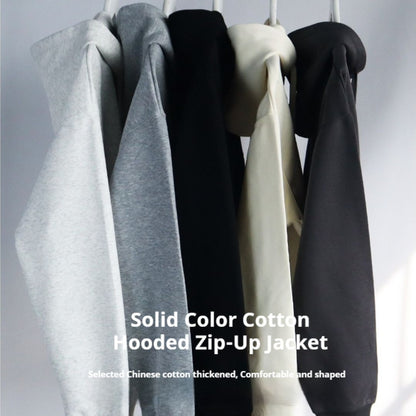 Solid Color Cotton Hooded Zip-Up Jacket