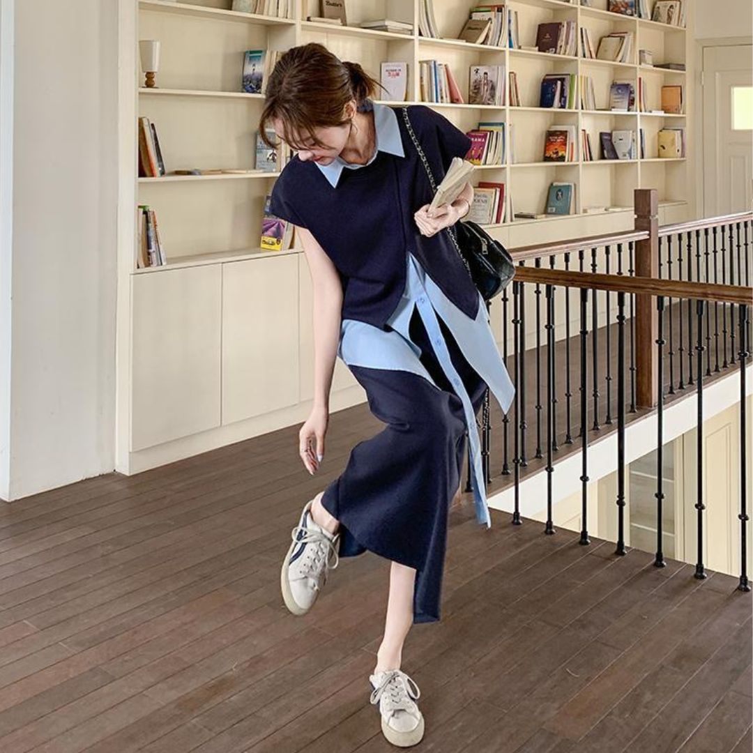 Deep Navy Irregular Shirt Set Dress