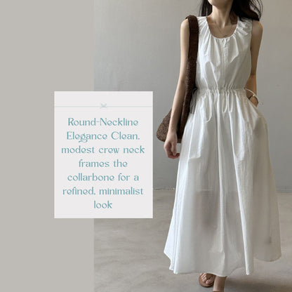 Summer Round-Neck Sleeveless Long Dress with Drawstring Waist