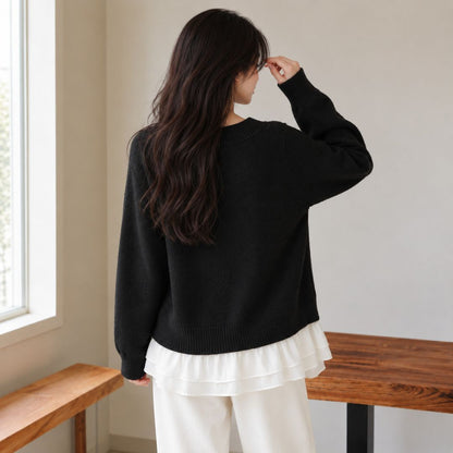Layered Knit Sweater with Chiffon Hem (Two Piece Effect)