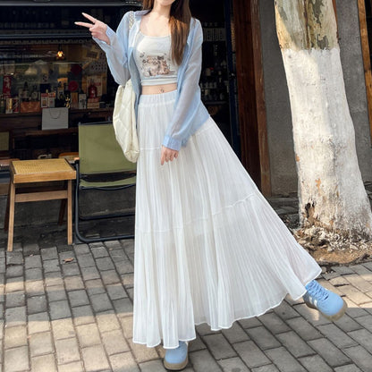 Spring-Summer High-Waist Flowy Pleated Maxi Skirt