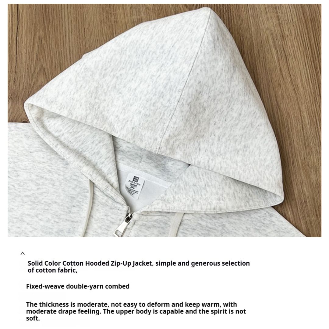 Solid Color Cotton Hooded Zip-Up Jacket