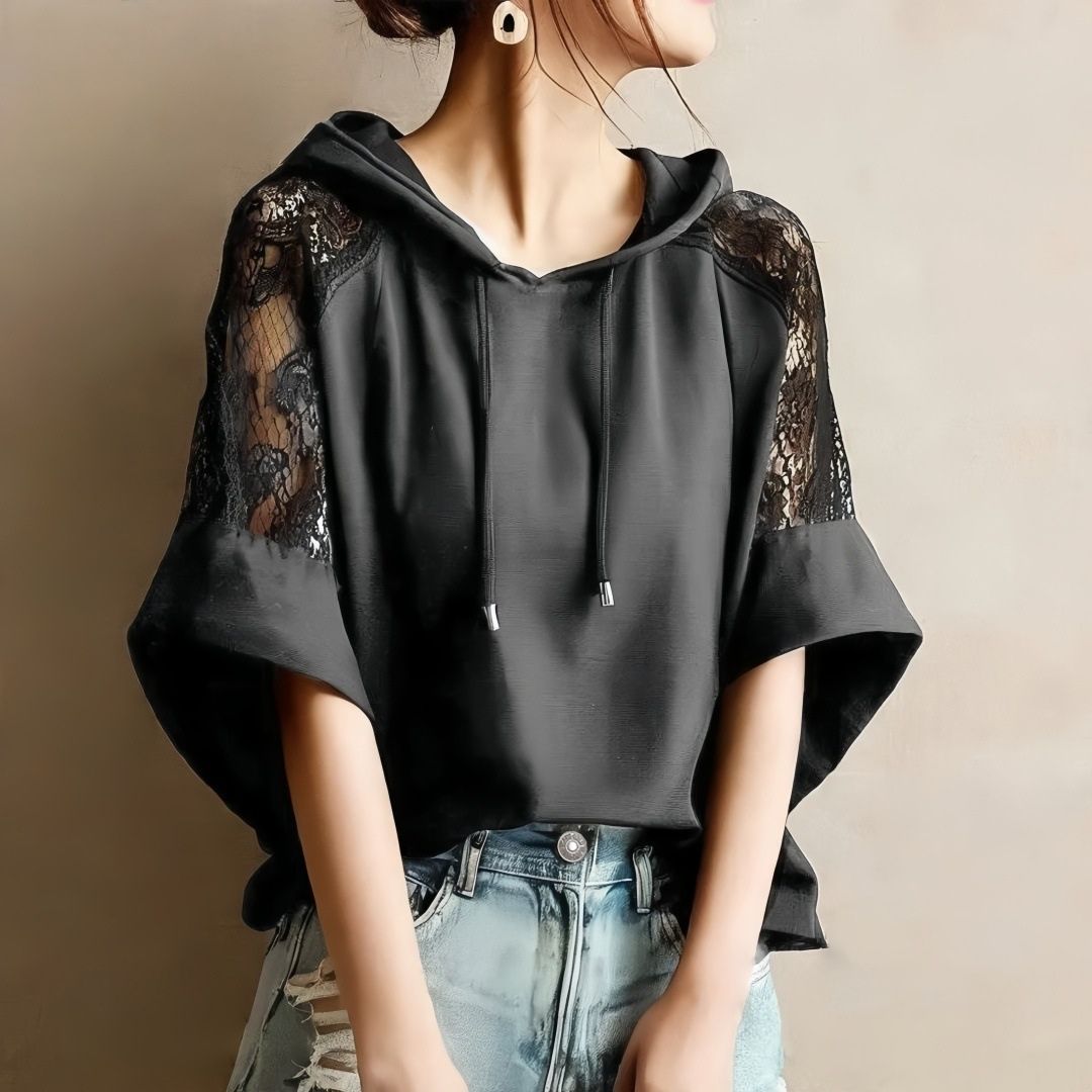 Color Block Lace Patchwork Hoodie with Flared Sleeves