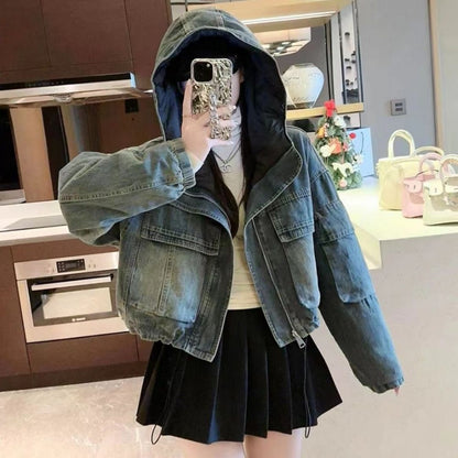 Short Patchwork Denim Hoodie Jacket