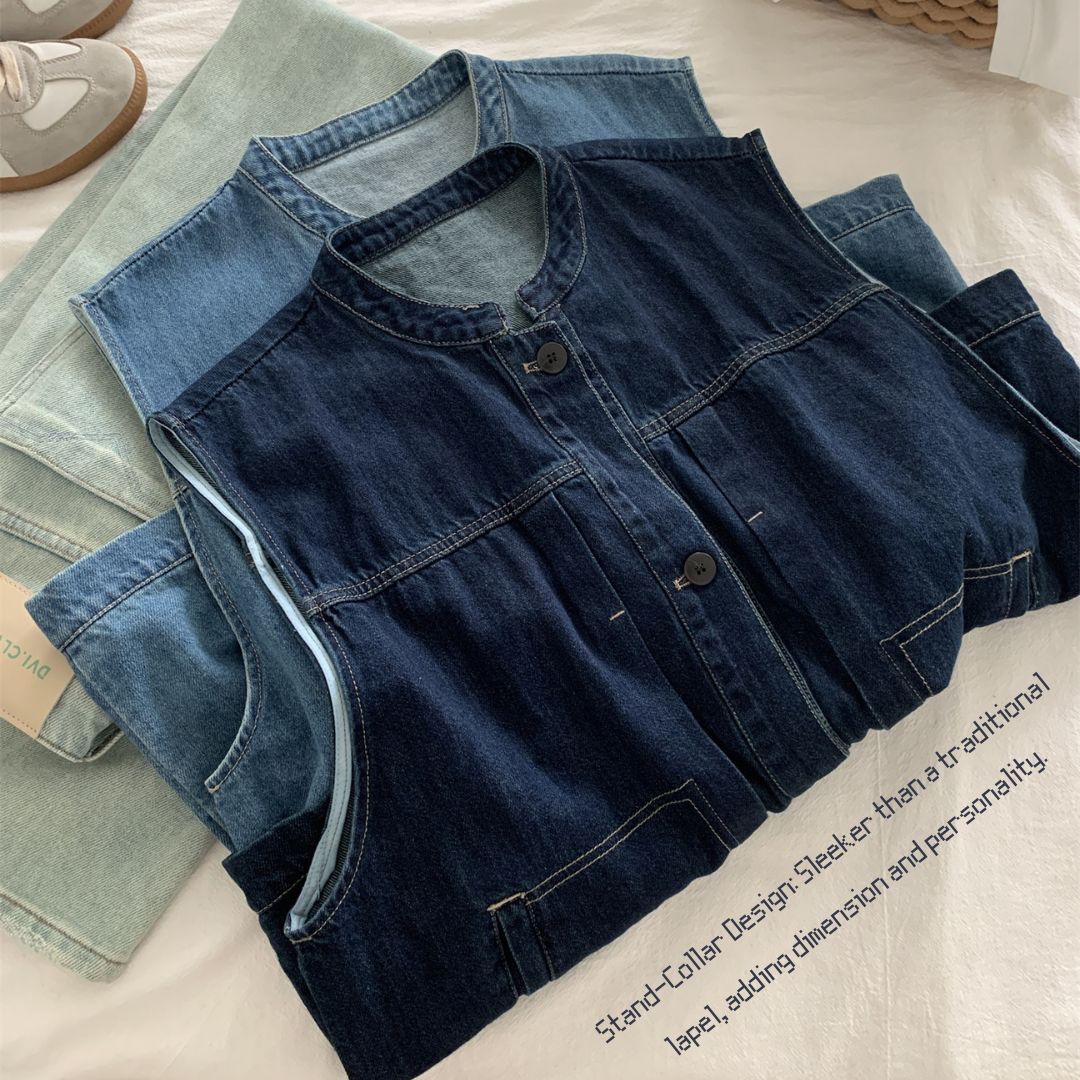 Women's Denim Sleeveless Top with Petite Mandarin Collar
