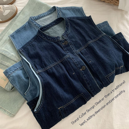 Women's Denim Sleeveless Top with Petite Mandarin Collar
