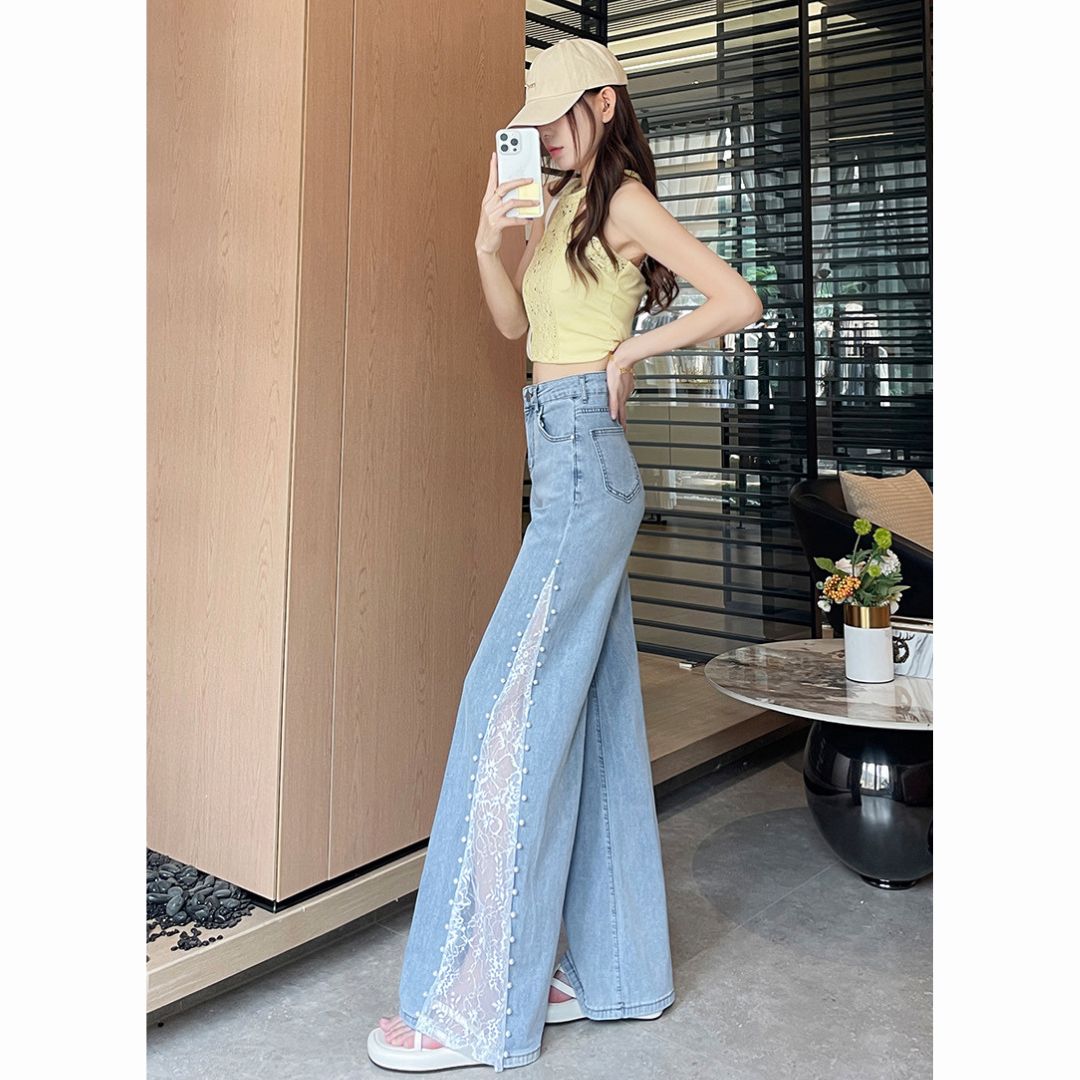 Tencel Beaded Lace Wide Leg Denim Pants