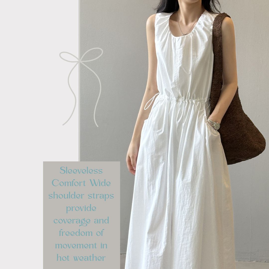 Summer Round-Neck Sleeveless Long Dress with Drawstring Waist