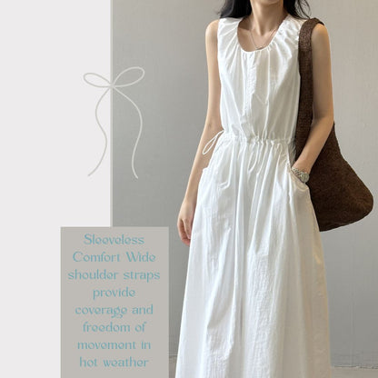 Summer Round-Neck Sleeveless Long Dress with Drawstring Waist