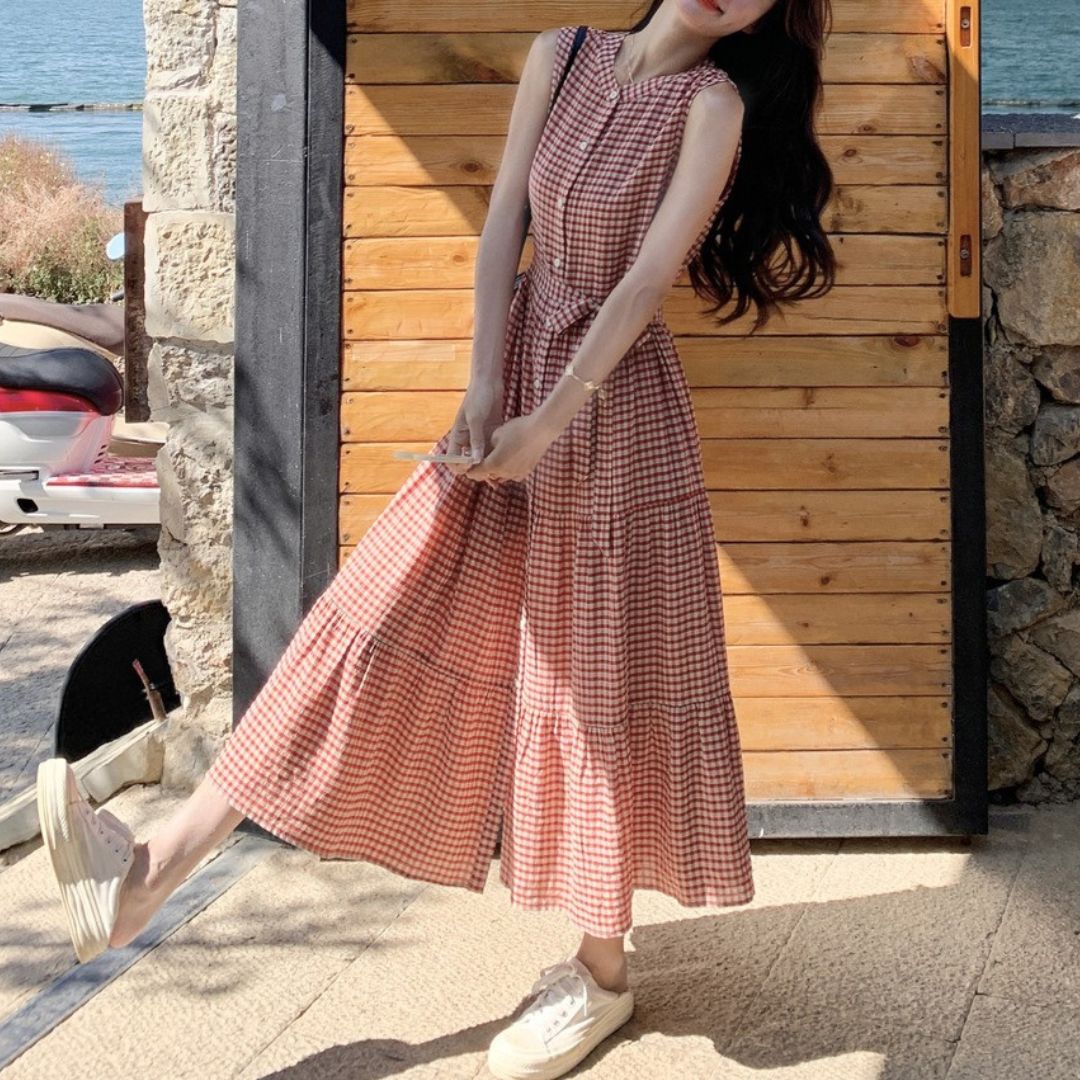 Vintage Red Plaid Sleeveless Fitted Dress