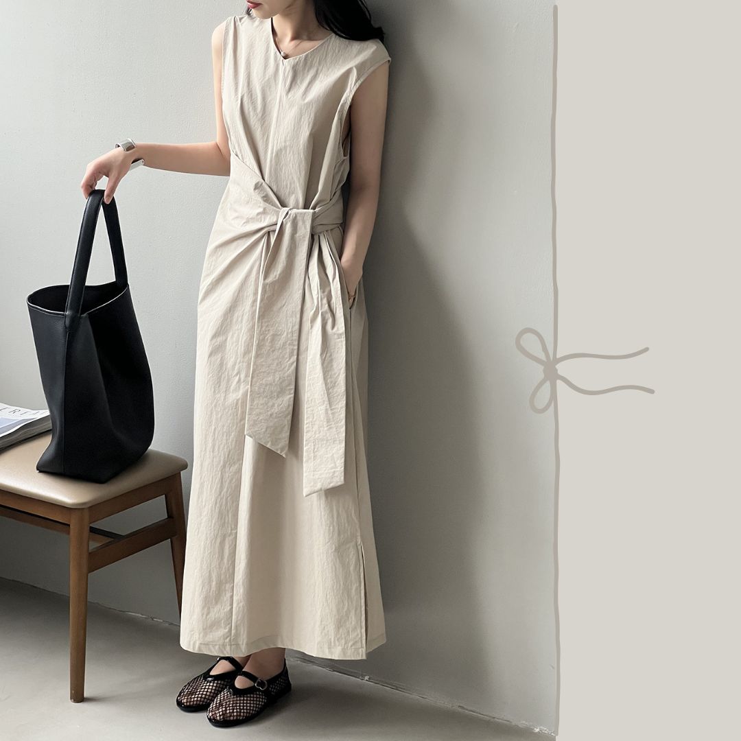 Sleeveless Long Dress with Cinched Tie-Waist Design