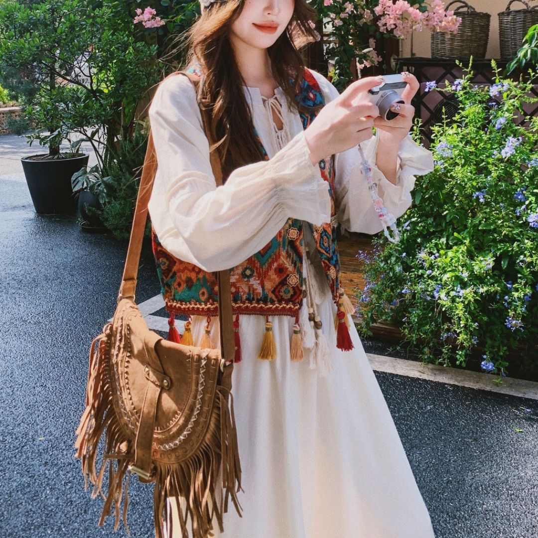 Ethnic Style Tassel Vest & Dress Two Piece Set