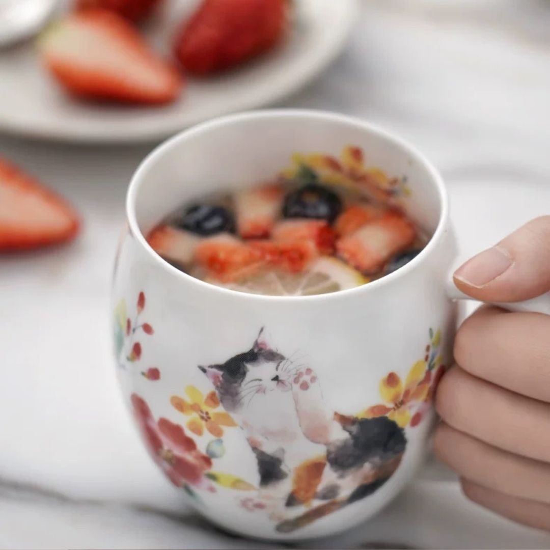 Made in Japan Floral Cat Porcelain Pair Cups (Pair)
