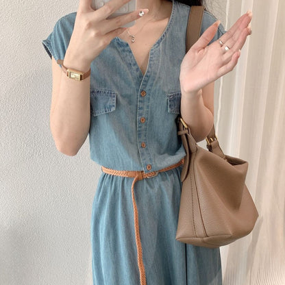 V Neck Lightweight Vintage Denim Dress
