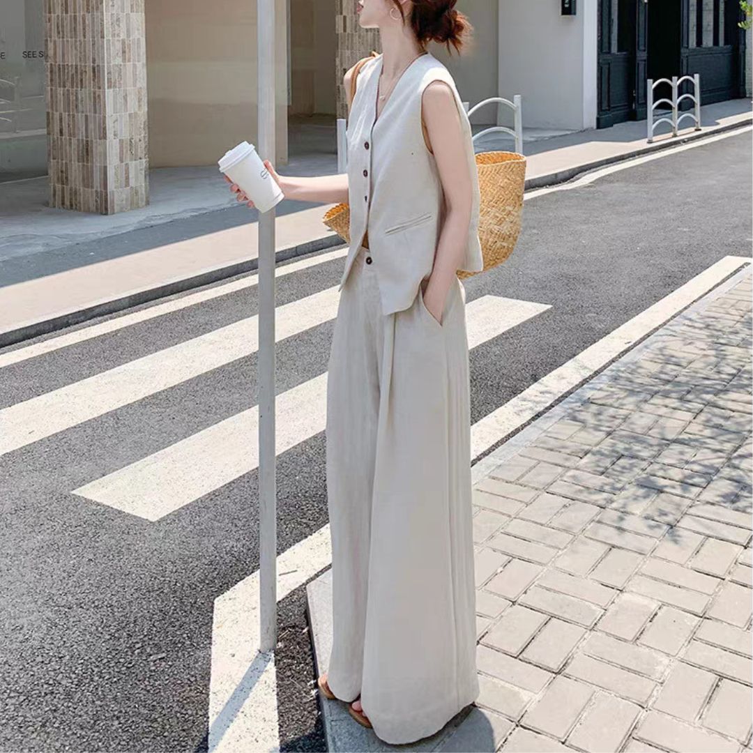 Suit Vest + Wide Leg Pants Two Piece Set