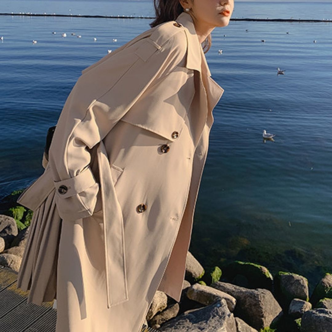 Classic Double Breasted Pleated Flowing Coat
