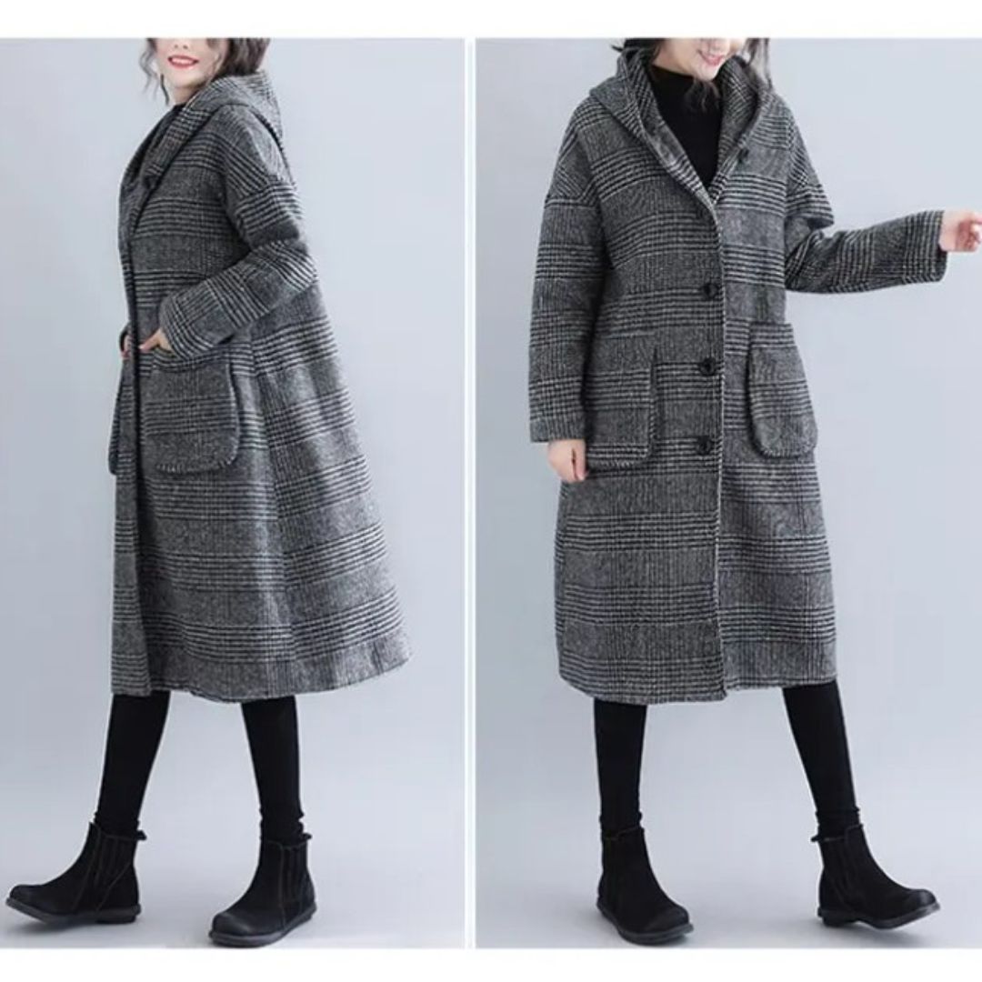 Japanese-Style Houndstooth Mid-Length Coat