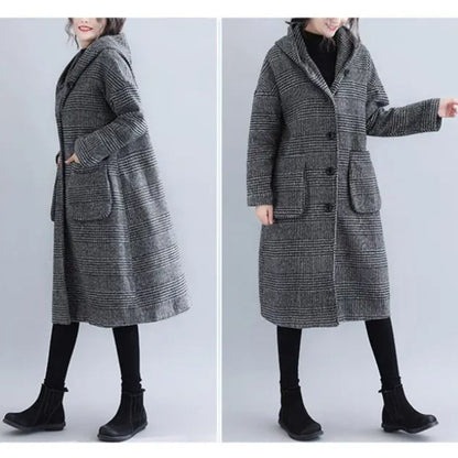 Japanese-Style Houndstooth Mid-Length Coat