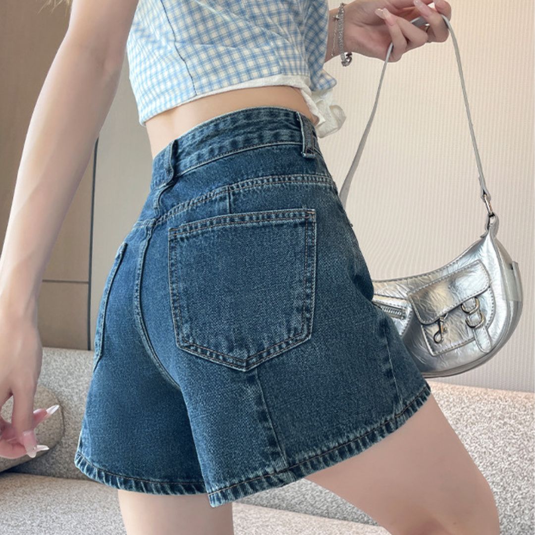 High Waist Structured Patchwork Denim Shorts