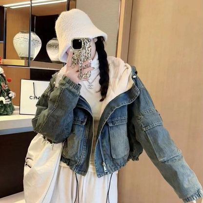 Short Patchwork Denim Hoodie Jacket